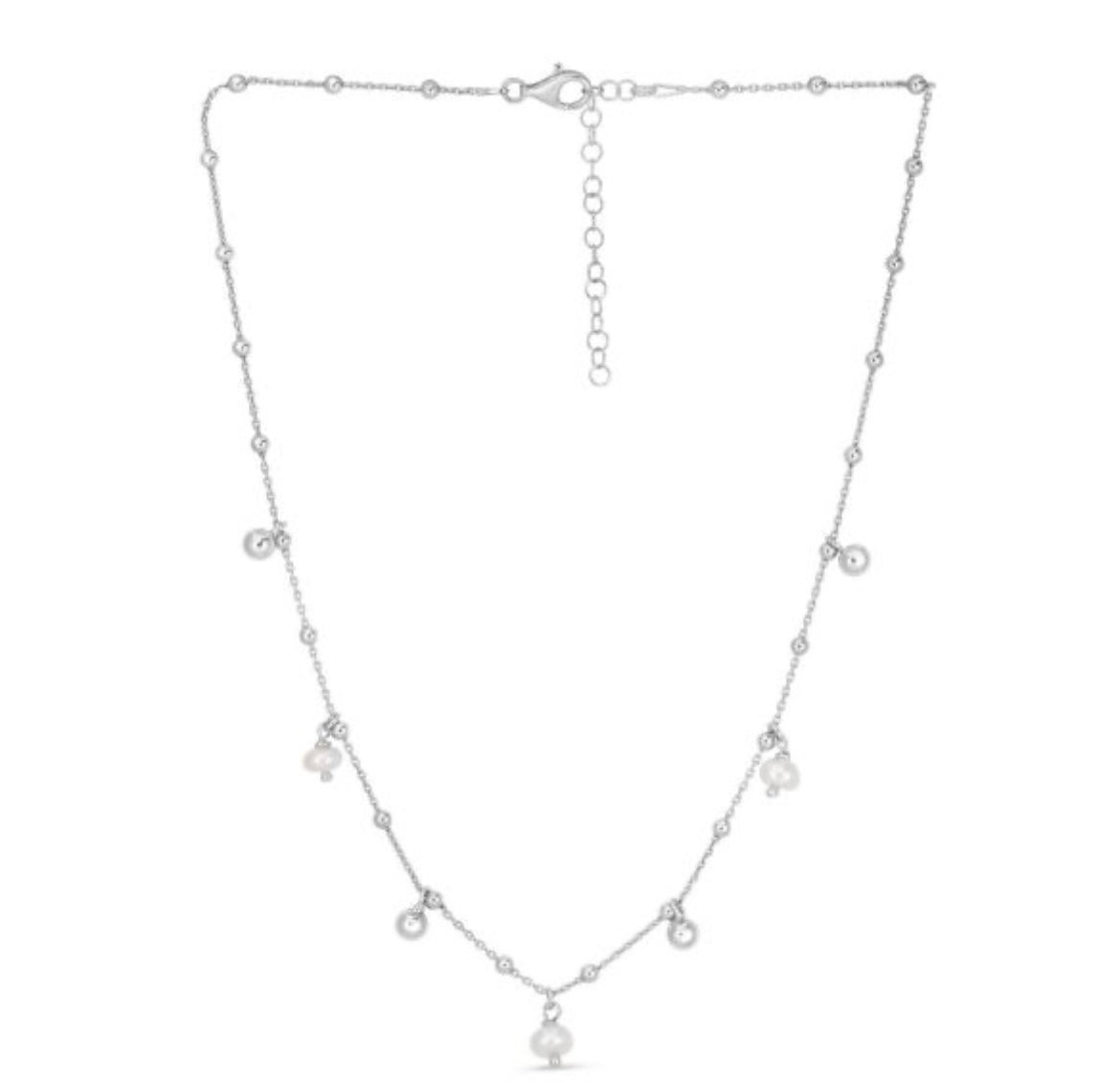 Silver Pearl Station Charm Necklace