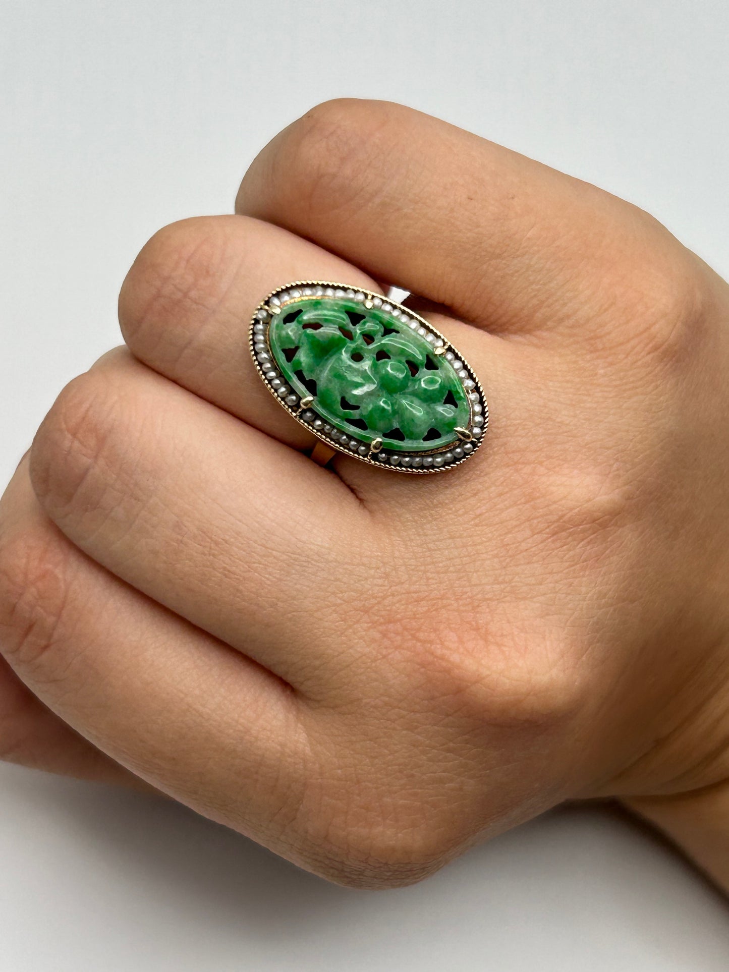 Carved Jade and Pearl Ring