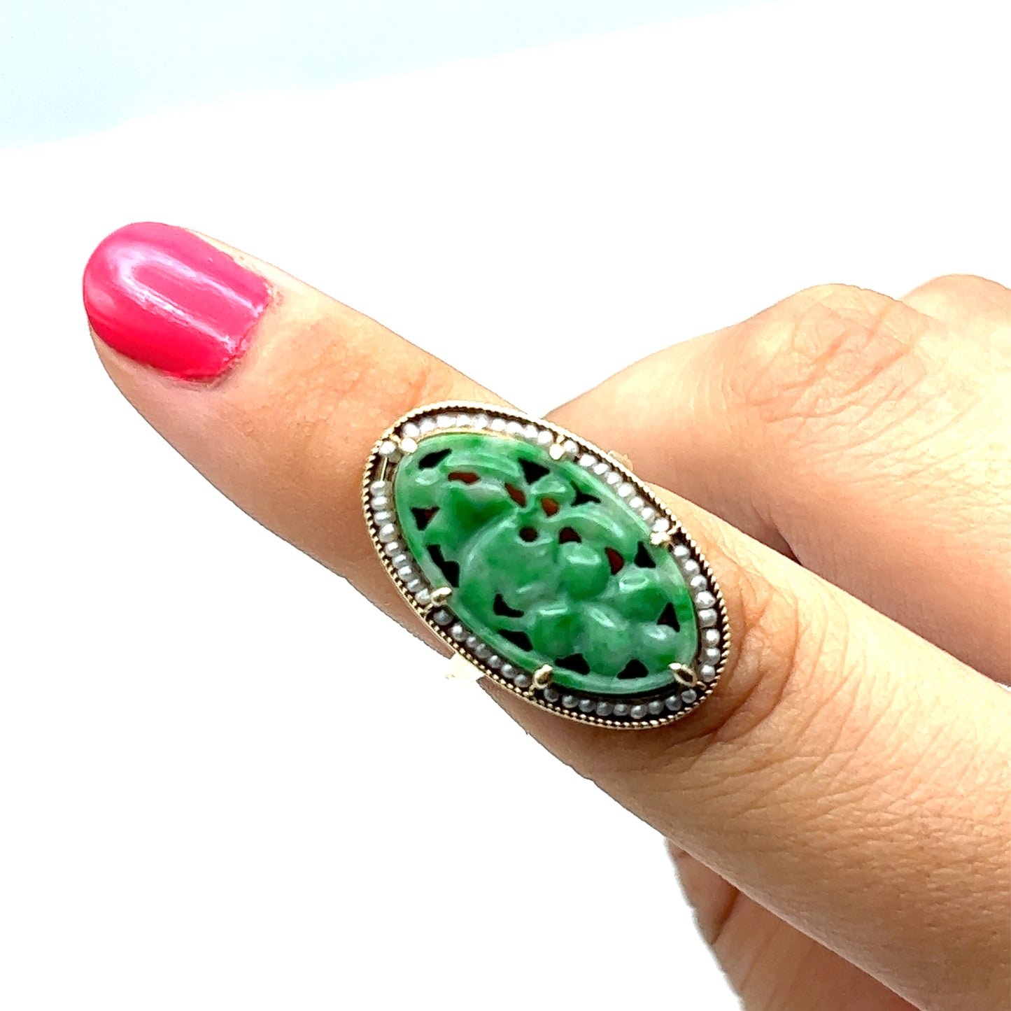 Carved Jade and Pearl Ring