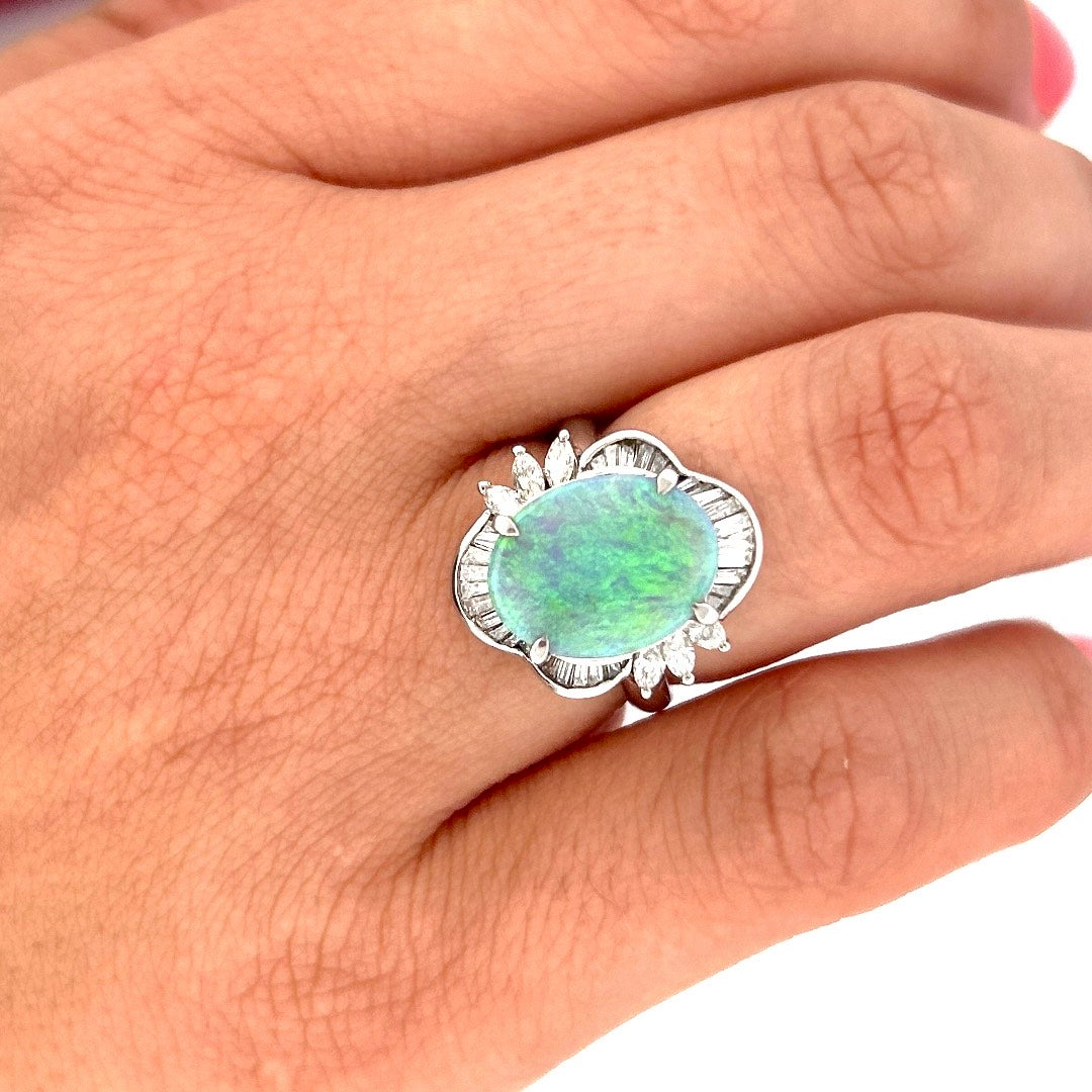 Australian Semi-black Opal Diamond Ring Platinum